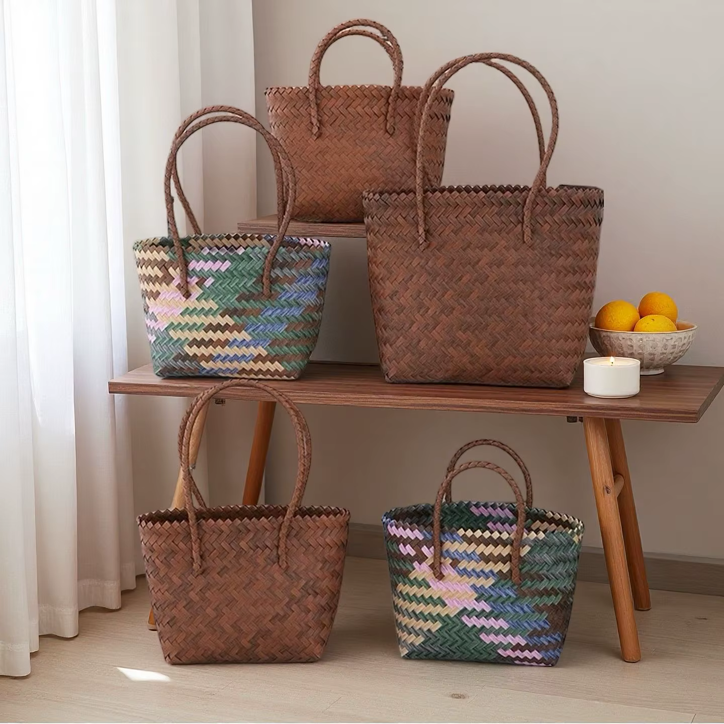 Sac fourre-tout rétro en osier marron pour femme