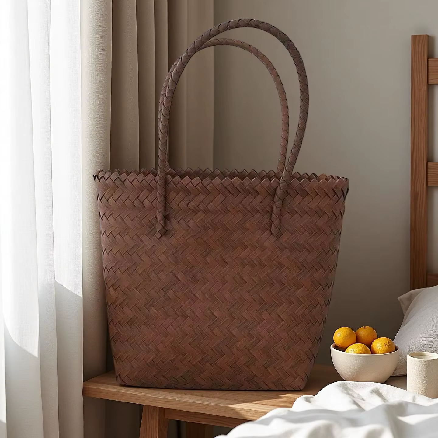 Sac fourre-tout rétro en osier marron pour femme