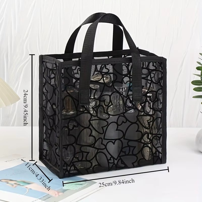Sac fourre-tout à motif cœur en maille noire – léger et respirant pour les voyages et la plage avec doubles poignées