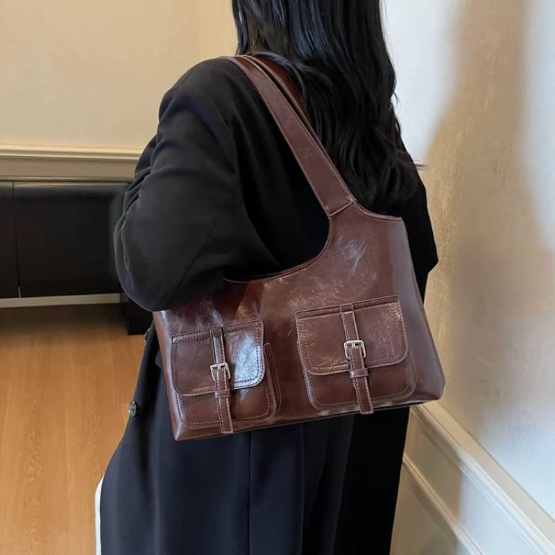 Sac fourre-tout en cuir vintage de style décontracté pour femmes