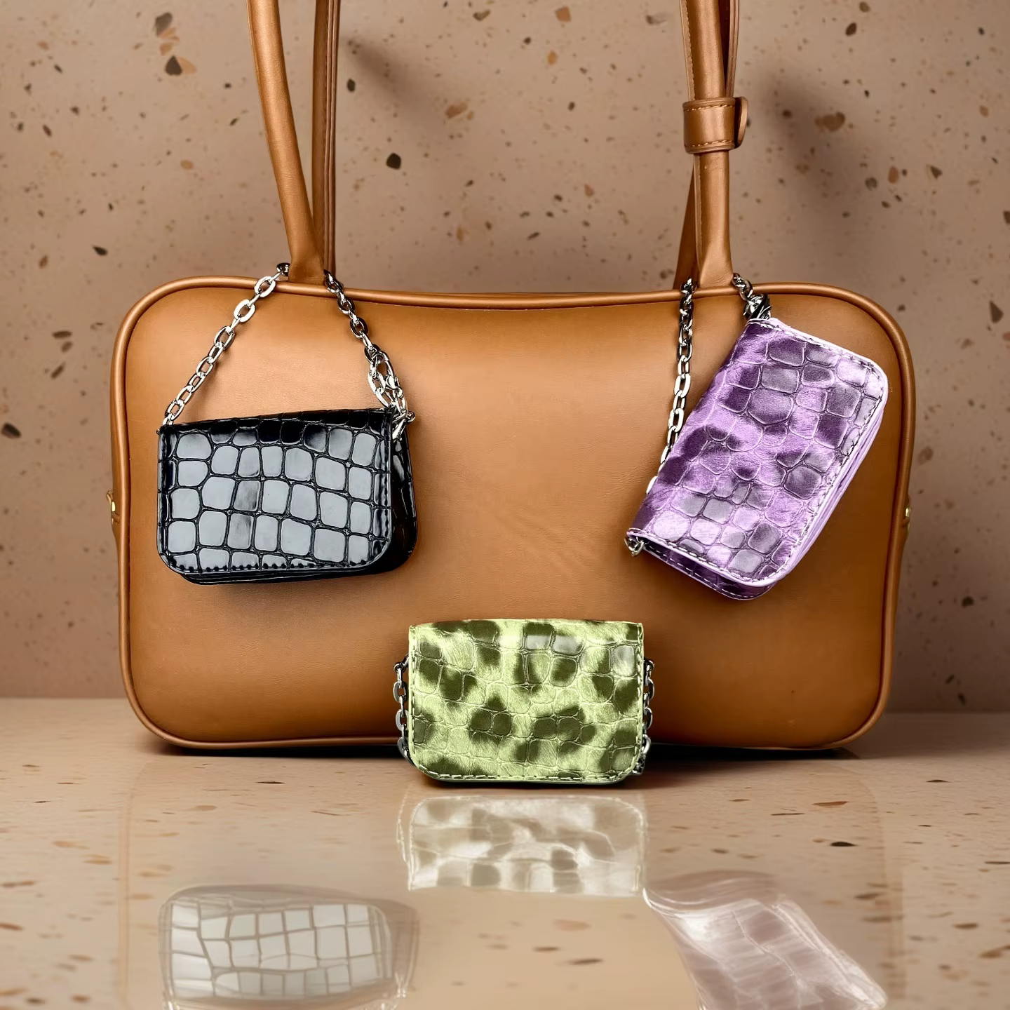 Mini sac messager en cuir PU – Porte-monnaie/étui pour écouteurs tendance en PU gaufré effet croco