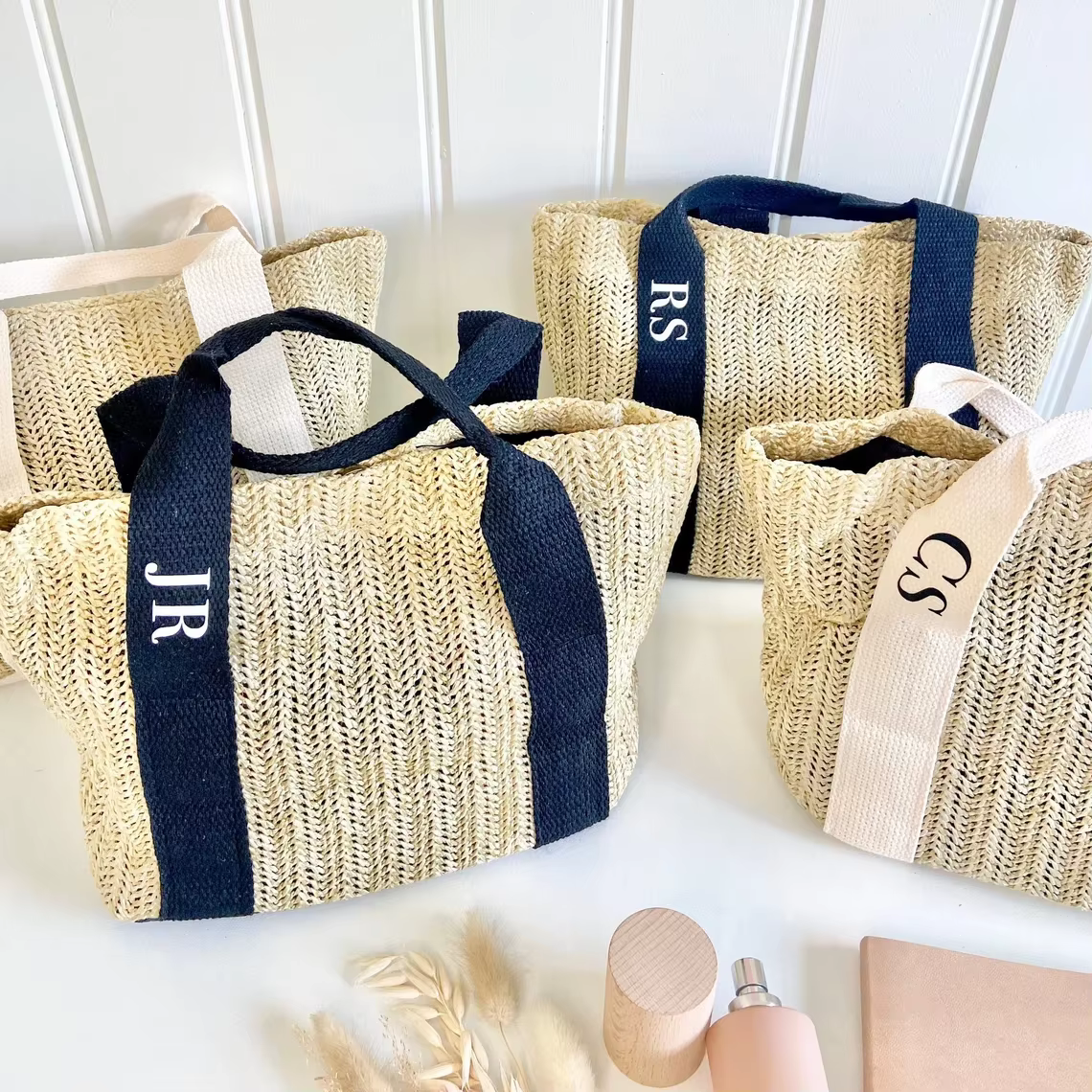Sac de plage en paille personnalisé pour demoiselle d'honneur