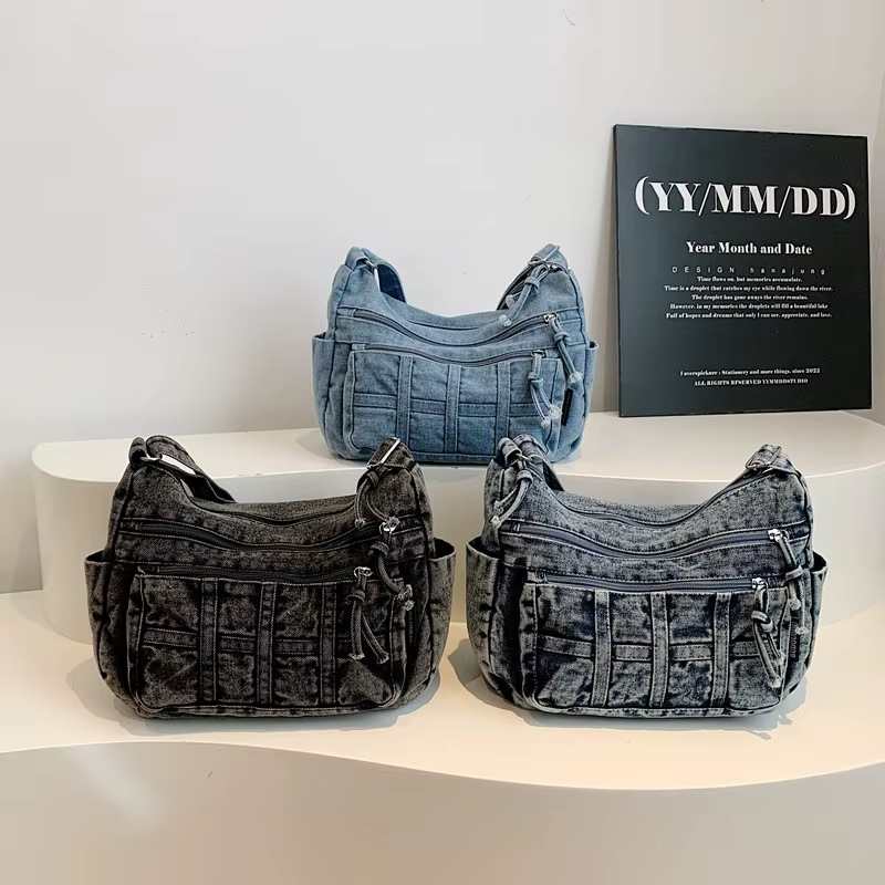Sac à bandoulière en Denim solide avec fermeture éclair, fil à coudre, grande capacité, haute qualité, polyvalent, simplicité, sacs à bandoulière simples pour femmes, 2026
