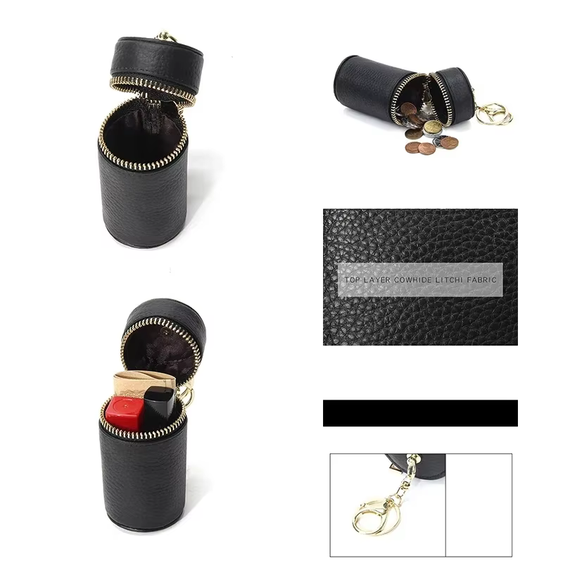 Mini sac de rouge à lèvres en cuir véritable avec porte-clés