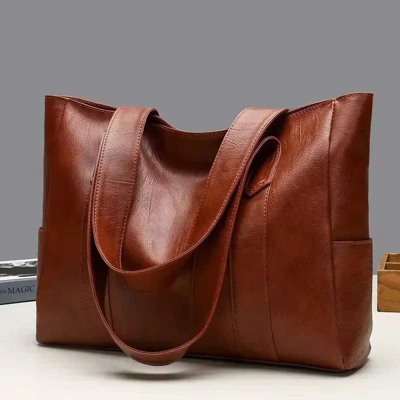 Grand sac cartable en cuir souple pour femmes, classique, couleur unie, Simple, décontracté, grande capacité, fourre-tout à bandoulière unique