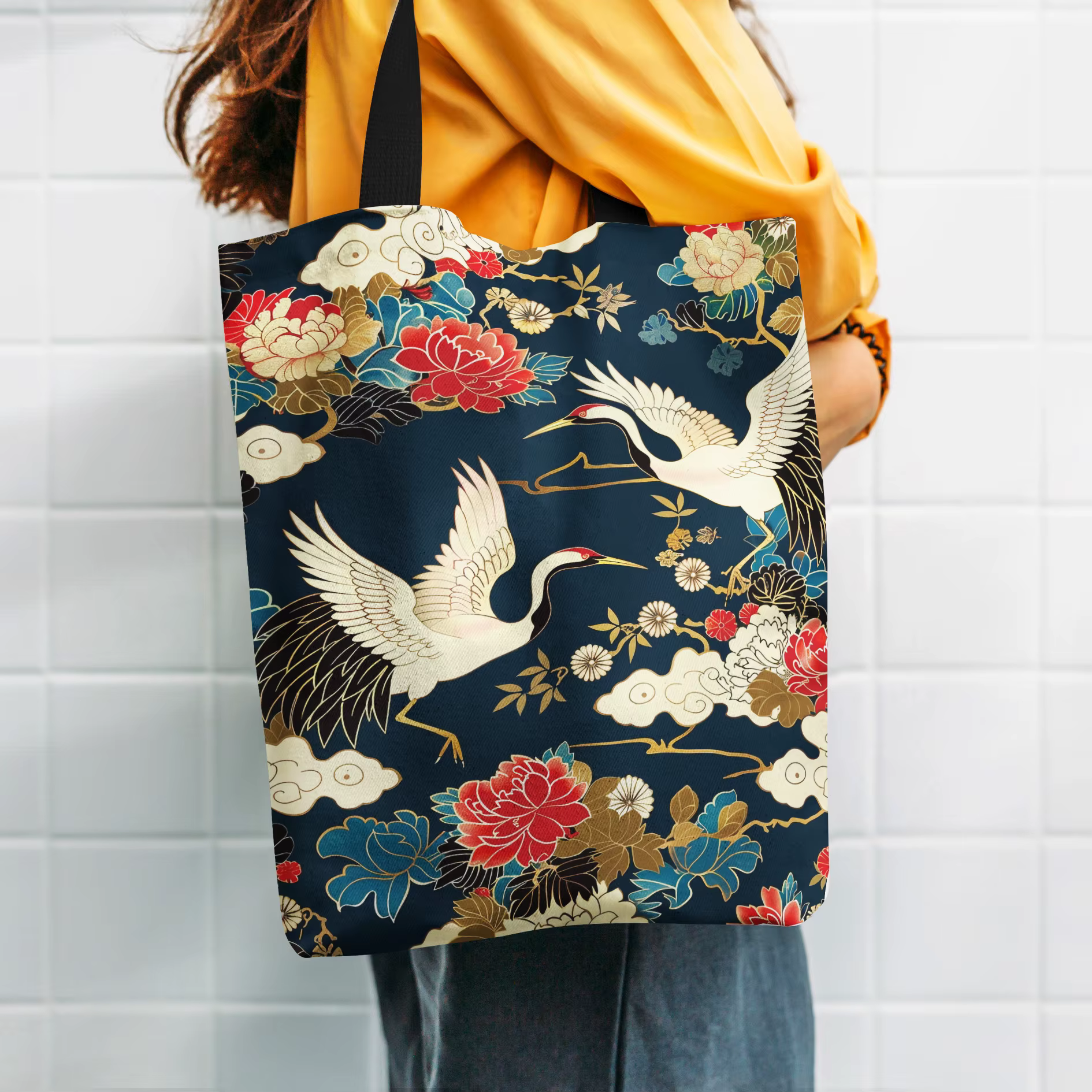 Sac fourre-tout d'inspiration japonaise avec grue et imprimé floral
