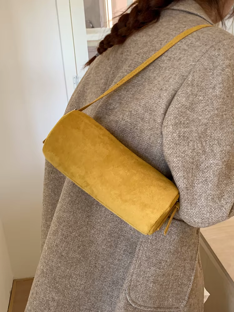 Sac cylindrique givré en daim de couleur unie pour femmes, sacs à bandoulière de grande capacité, tendance pour les déplacements et les Shopping
