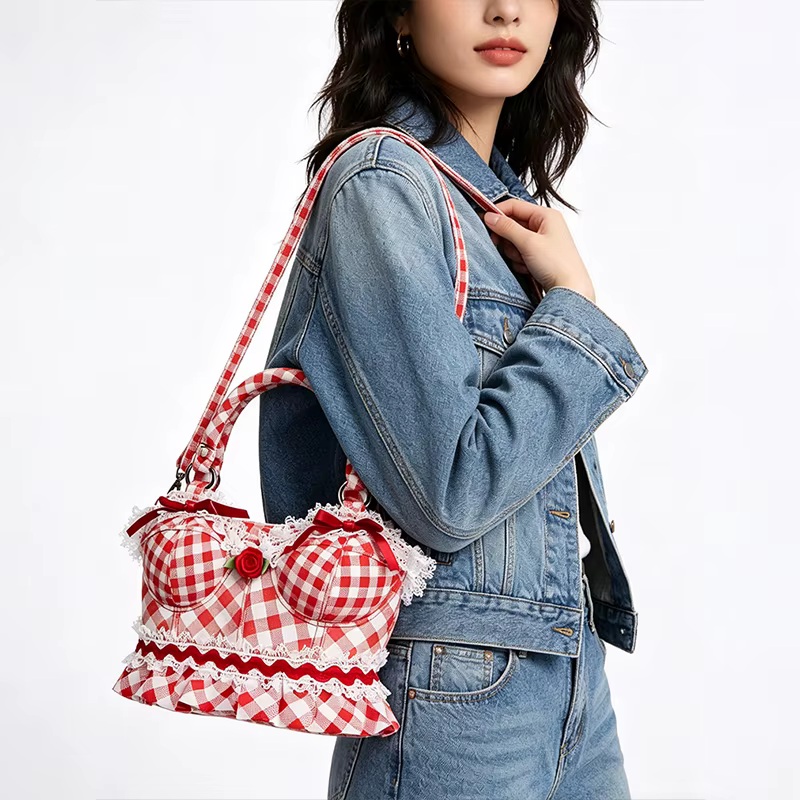 Sac à main vintage en cuir PU à carreaux avec dentelle florale et motif rose