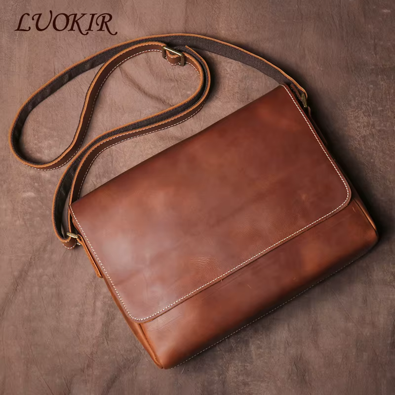 LUOKIR Vintage Crazy Horse hommes sac à bandoulière en cuir véritable sac