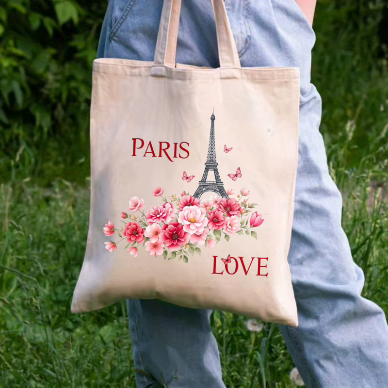 Sac fourre-tout en toile crème Paris Tour Eiffel imprimé amour floral
