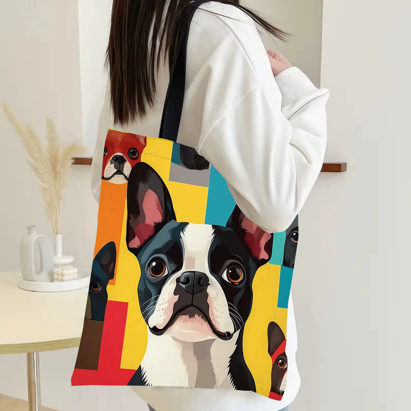 Sac fourre-tout réutilisable en polyester imprimé Boston Terrier