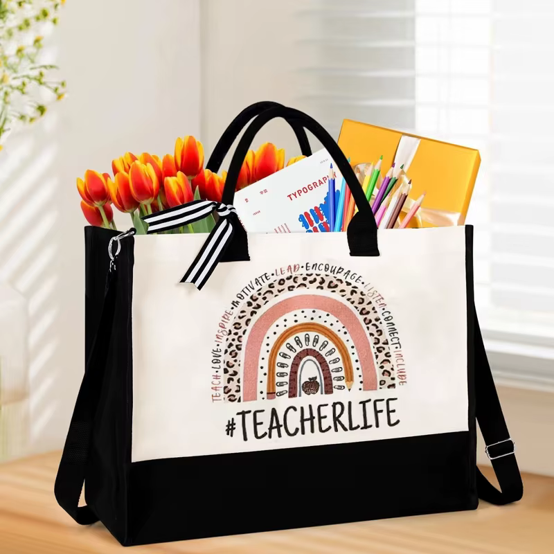 Sac fourre-tout en toile noir et blanc avec sangles