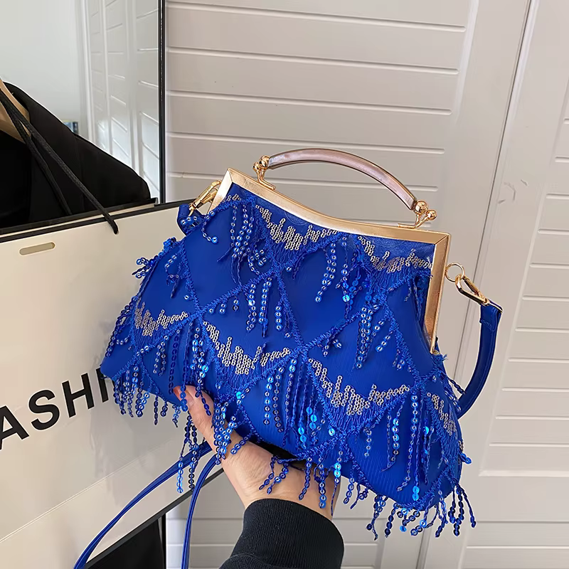 Sac à main à paillettes de soirée avec pompon