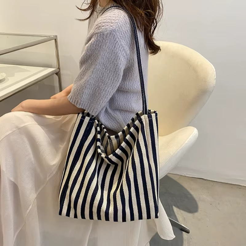 Sac fourre-tout chic à rayures tissées grande capacité