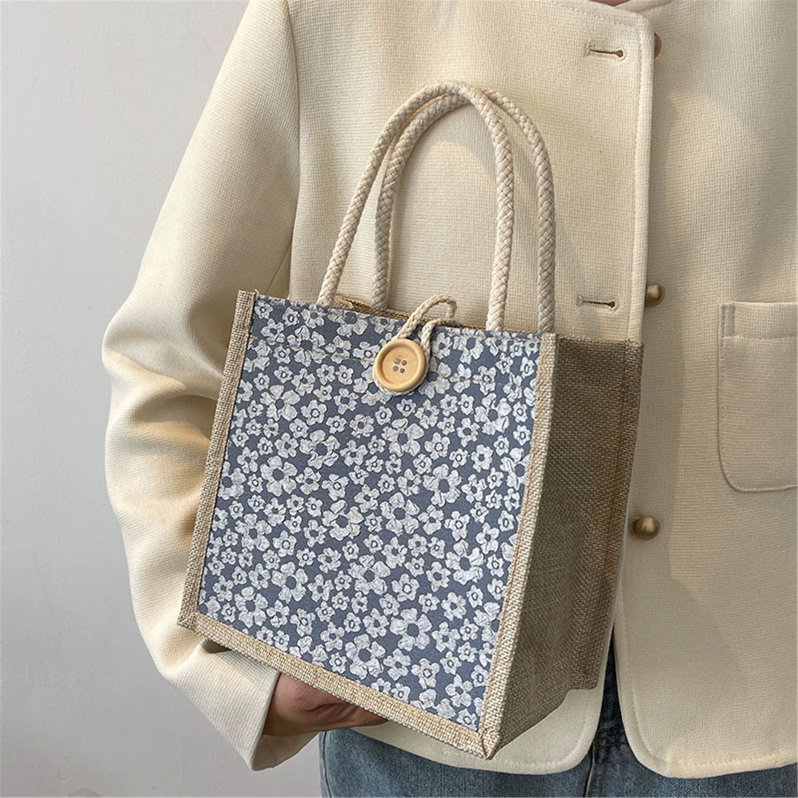 Sac à main en lin avec fermeture éclair pour femme