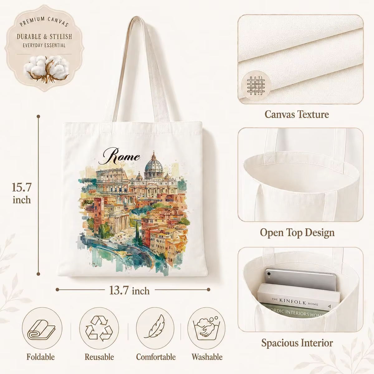 Sac fourre-tout en toile aquarelle Rome