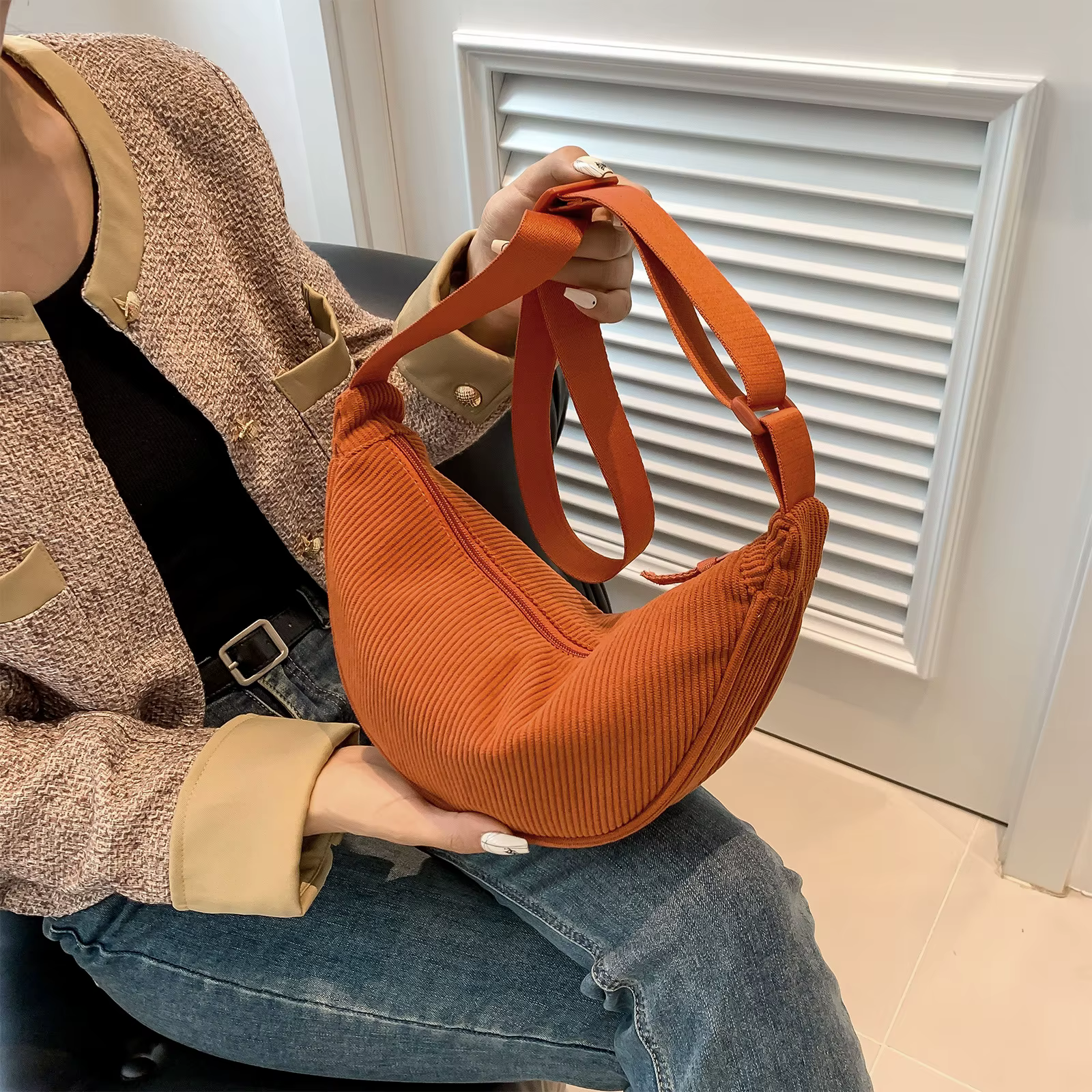 Sac à bandoulière en velours côtelé orange pour femme