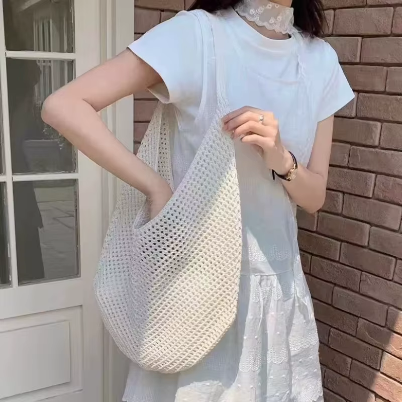 Sacs à bandoulière tissés ajourés grande capacité, sacs sous le bras en tricot, sacs fourre-tout en crochet solide, sacs de plage en maille d'été, sacs à main tendance pour femmes