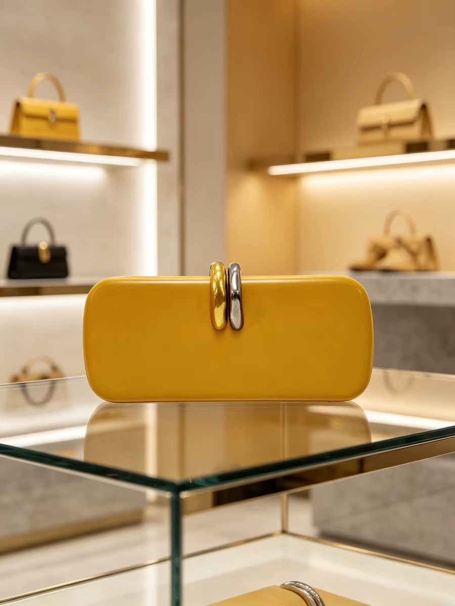 Pochette de soirée unie jaune mat avec double fermoir métallique, sac à main minimaliste pour dîner formel pour femmes matures, idéal pour les banquets