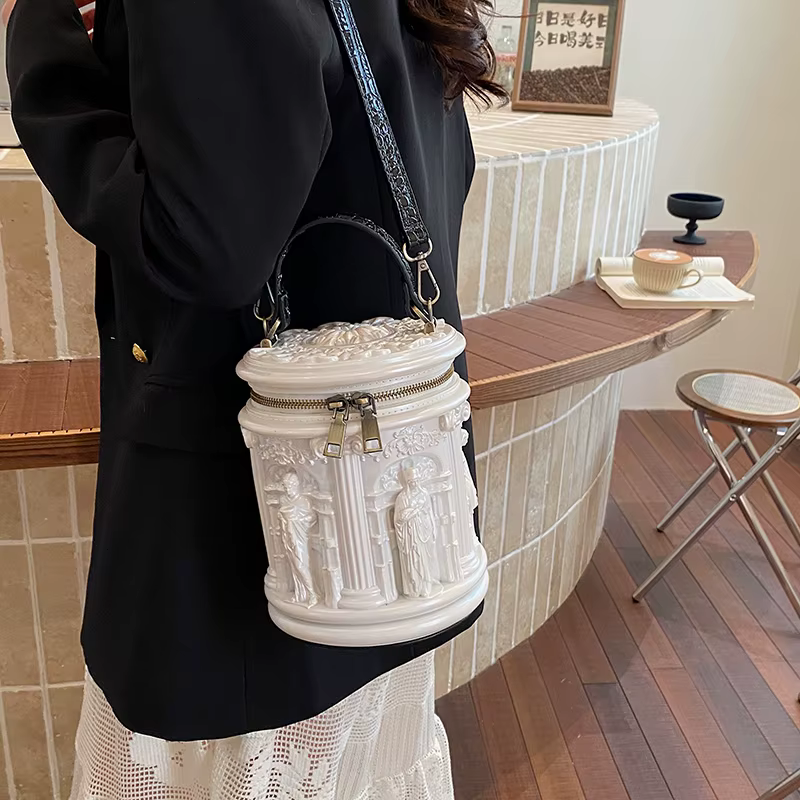 Sac seau mini vintage en PU à relief 3D pour femme