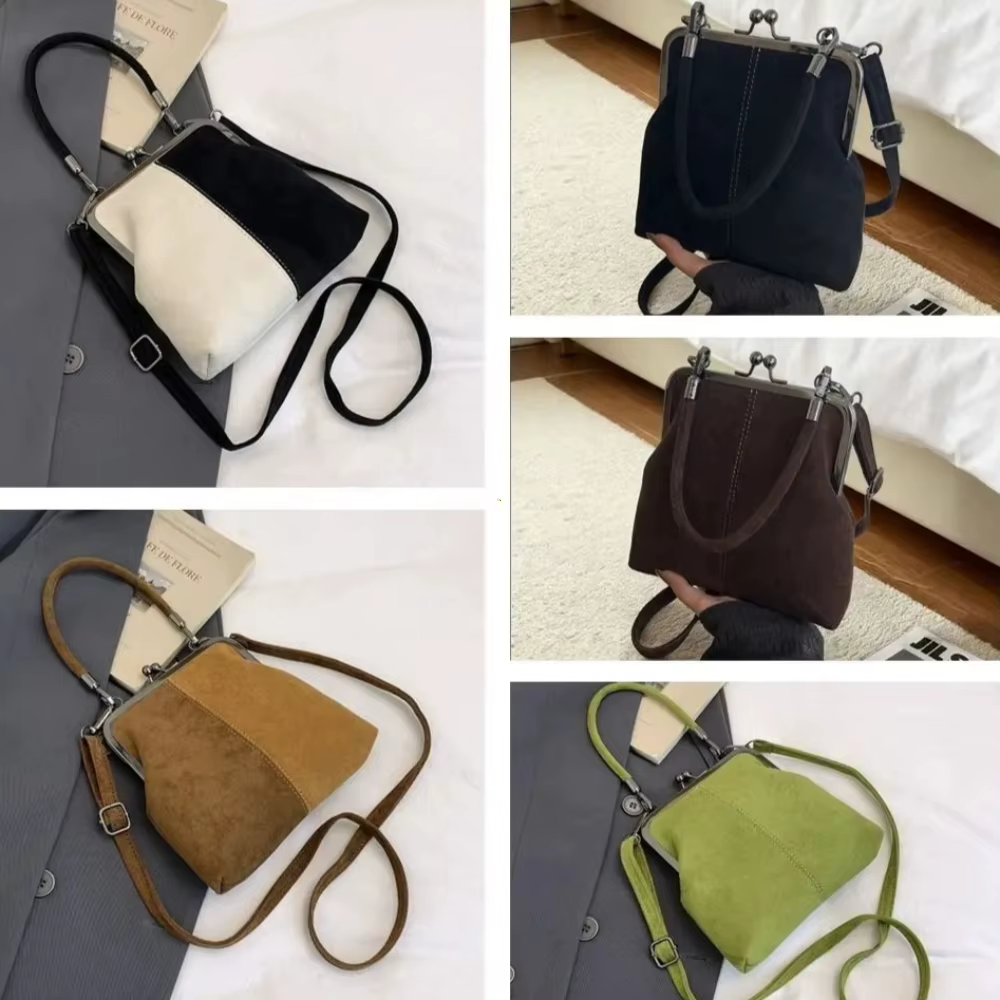 Sac à main rétro grande capacité en cuir PU givré avec fermoir Kiss Lock