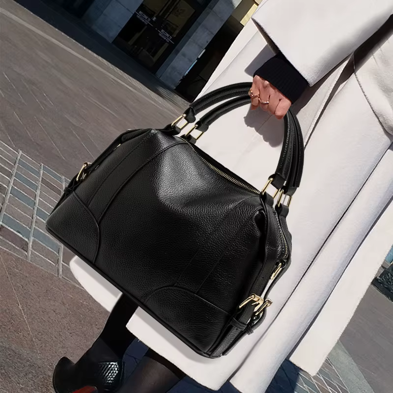 Sac fourre-tout en cuir véritable pour femme – Noir