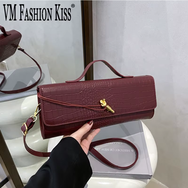 Sacs pour femmes bordeaux rétro en cuir PU motif Crocodile longue rabat pochette