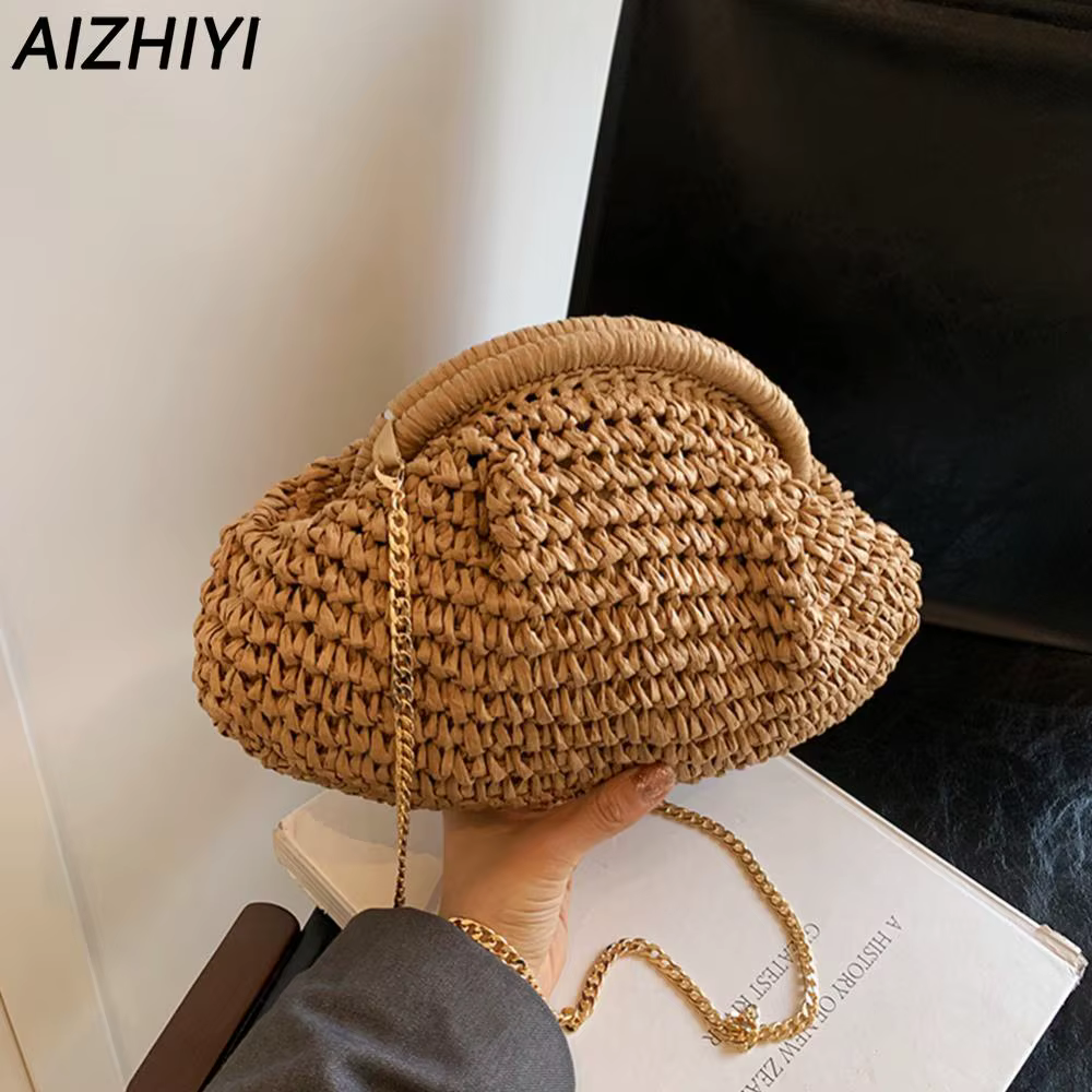 JOStrap-Sac tissé en paille pour femme, sac à main solide, sac à boulettes, grande capacité, fête et vacances, initié à la mode