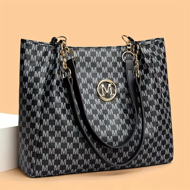 Sac fourre-tout géométrique Vintage en cuir synthétique lettre "M" Design pour femmes sac à main sac à bandoulière grande capacité Shopping sac de voyage