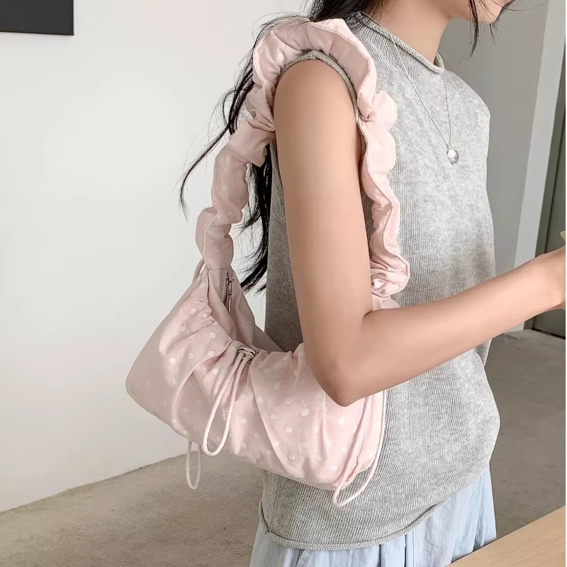 Sac bandoulière plissé rétro à pois grande capacité pour femme