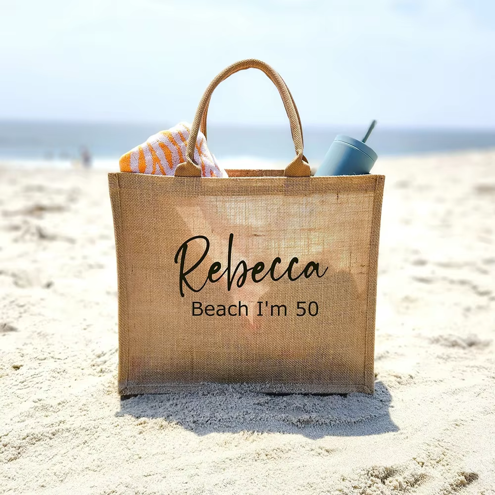 Sac fourre-tout en toile de jute personnalisé avec nom