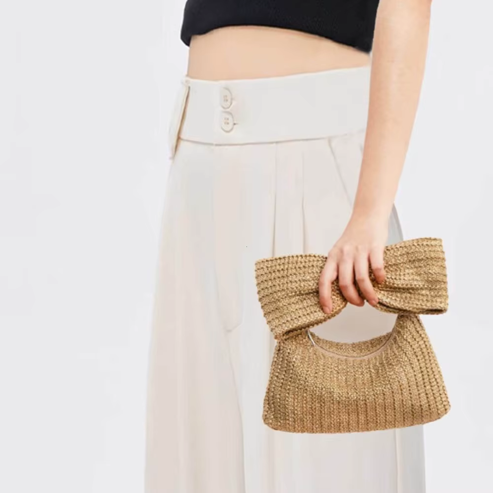 Sac à main chic en paille avec nœud pour femme – Design élégant d'été