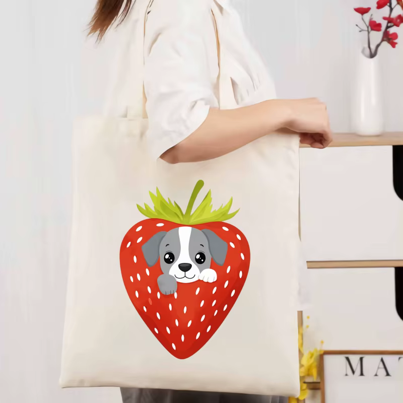 Sac fourre-tout en coton imprimé chien fraise blanc pour un usage quotidien