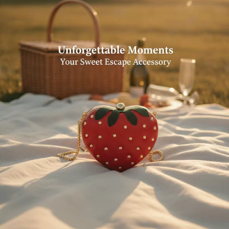 Sac bandoulière rouge en cuir motif fraise avec clous dorés et chaîne