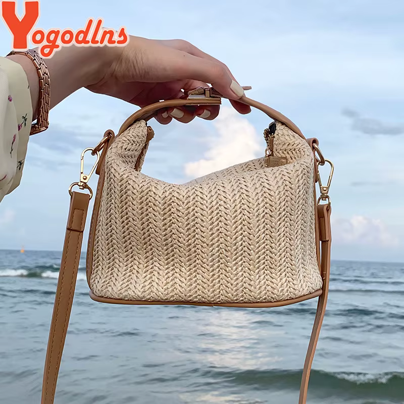 Yogodlns été petit sac à main en paille sac à bandoulière tendance tissé seau sac