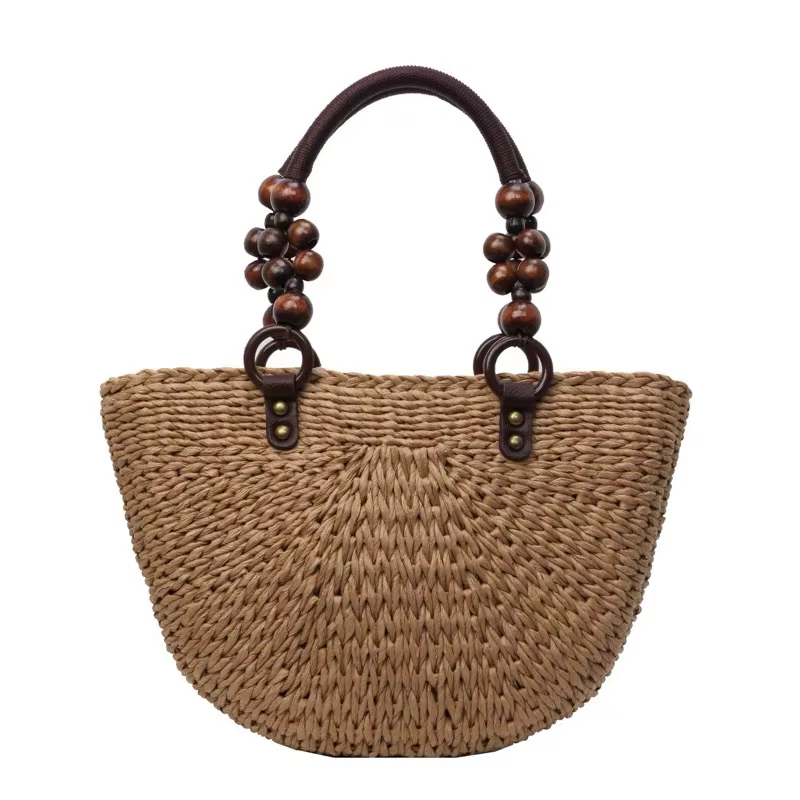 Sac tissé à la main avec poignée en perles de bois, sac fourre-tout grande capacité pour femme, sac de plage pour les vacances