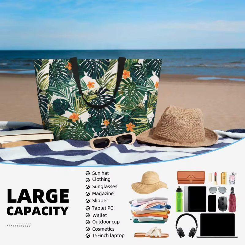 Sac de plage à feuilles et fleurs vertes tropicales pour femmes