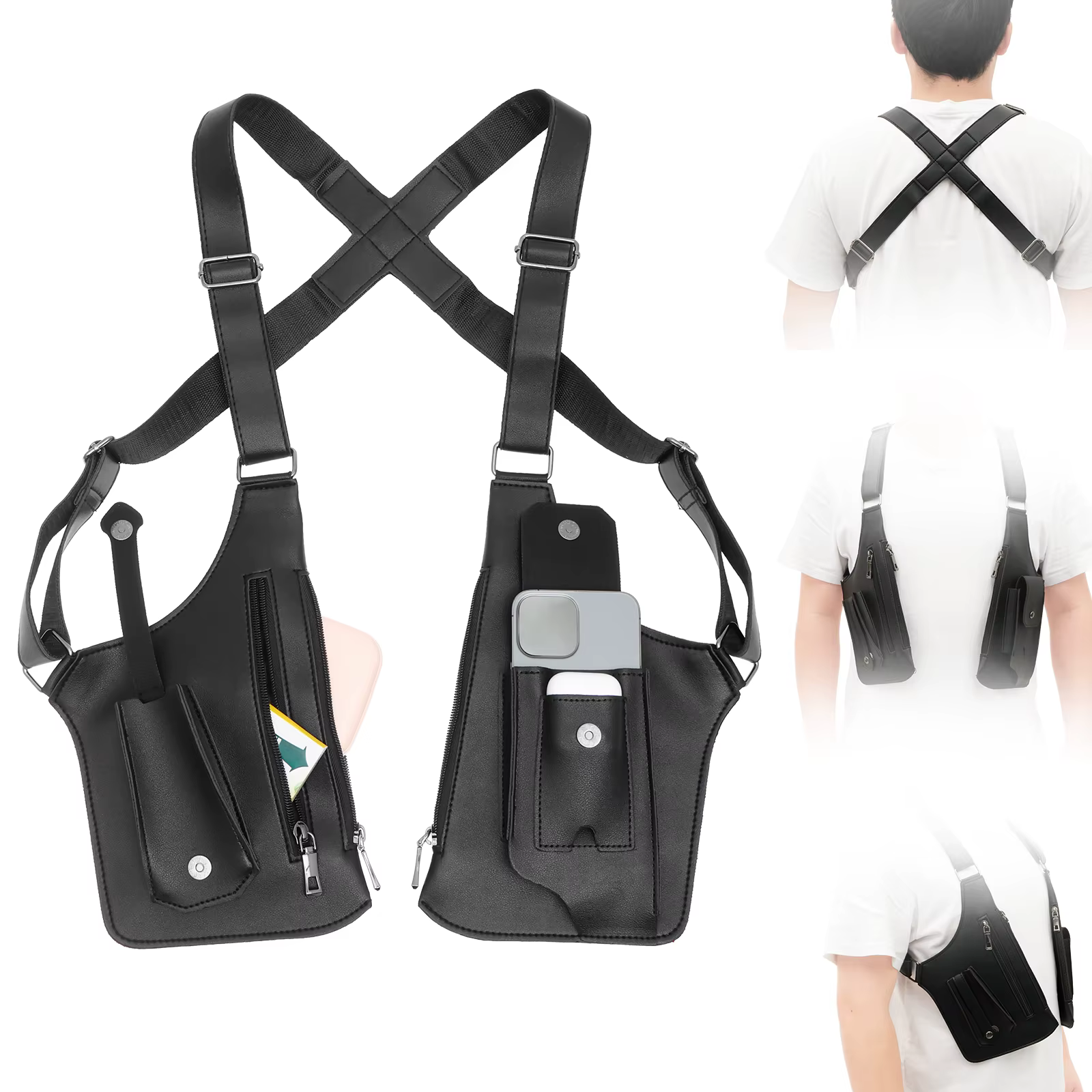Sac antivol sous les bras PU Double bandoulière multi-poches extérieur