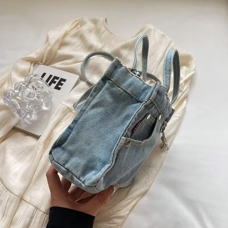 Sac à Main en Denim Délavé de Couleur Unie pour Femme