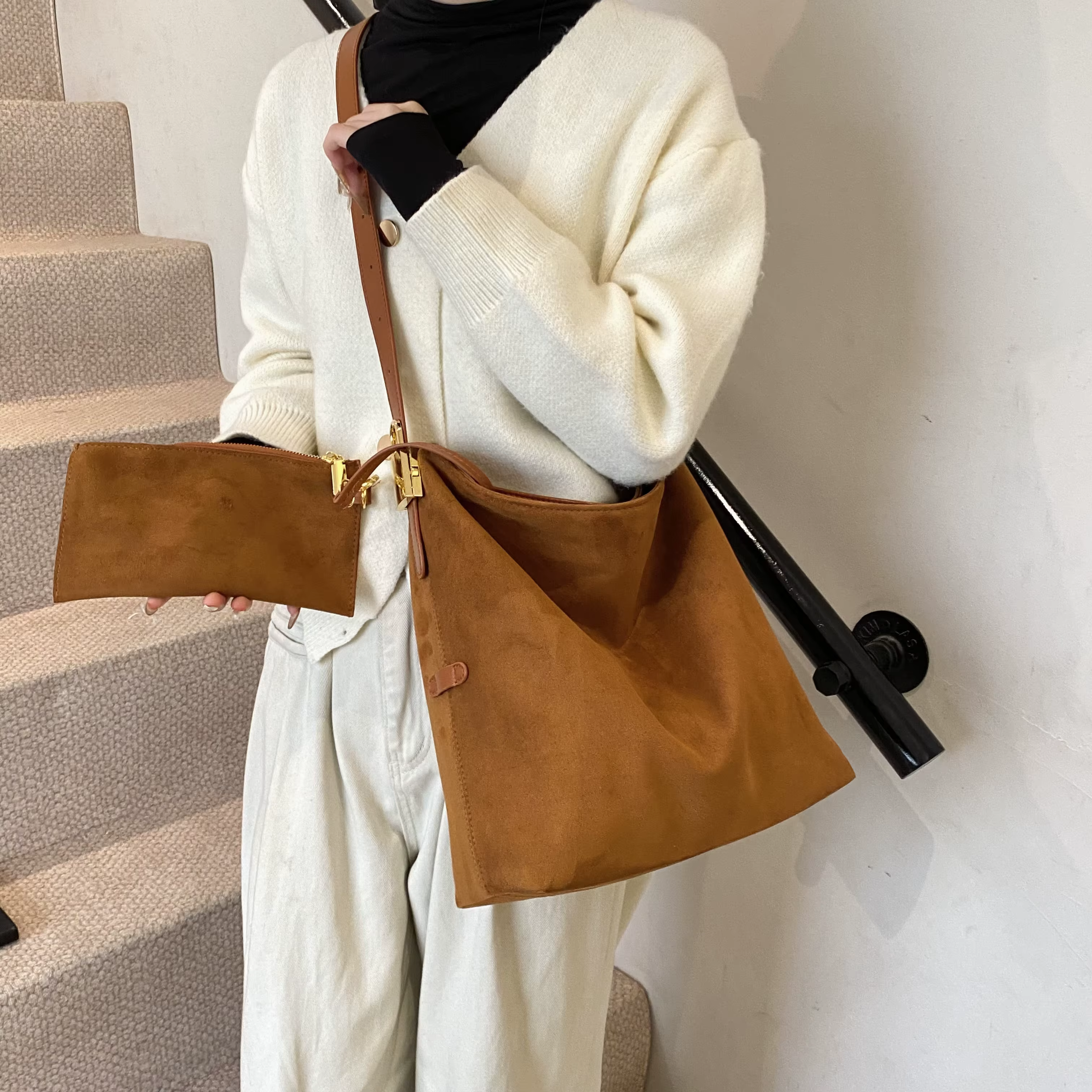 2 ensembles sac à bandoulière seau pour femmes haute capacité Vintage gommage en cuir sac de messager café marron