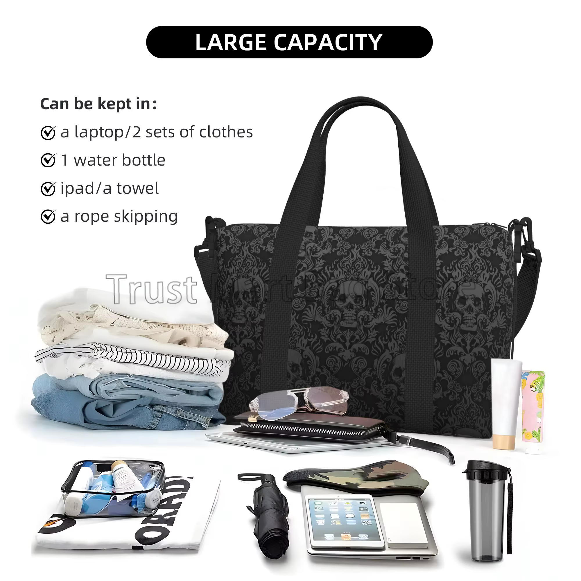Sac de voyage gothique noir imprimé damassé