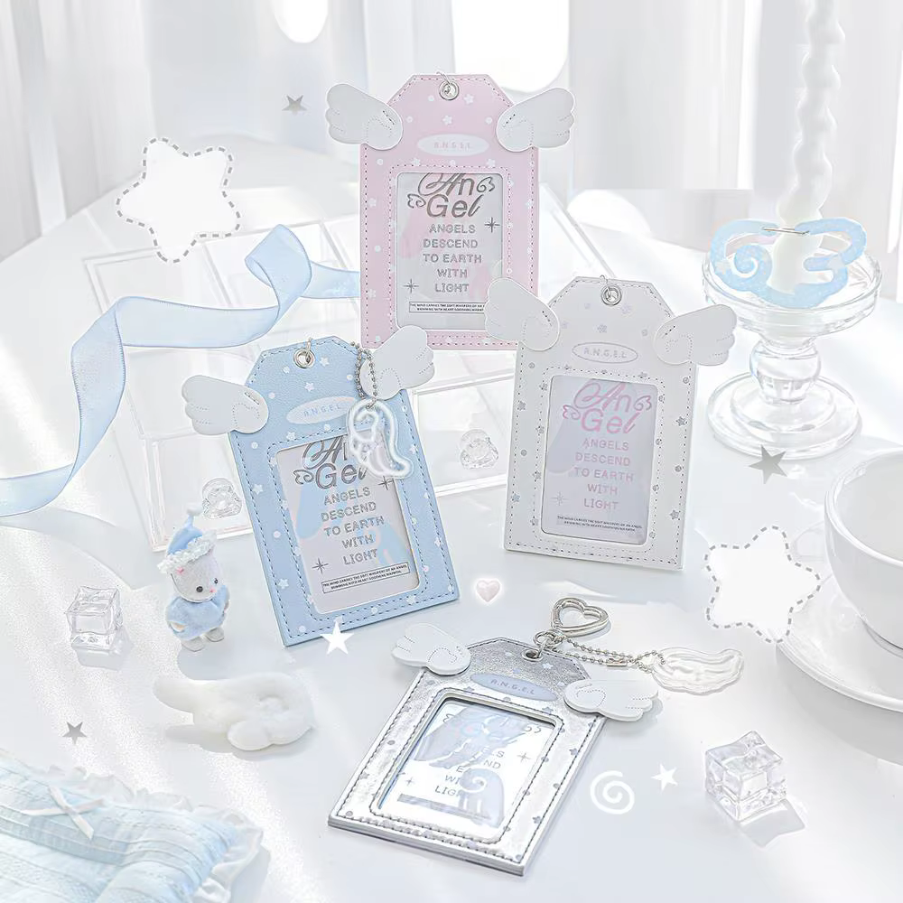 Ensemble de porte-cartes en cuir PU Aile d'ange avec breloque métallique