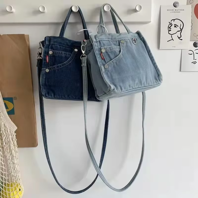 Sac à Main en Denim Délavé de Couleur Unie pour Femme