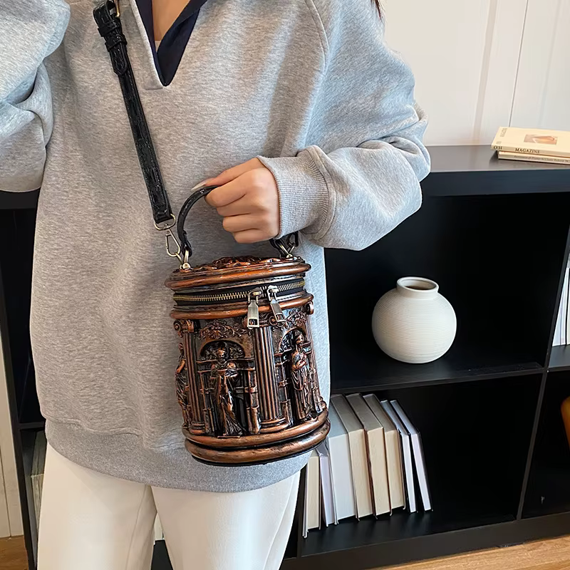 Sac seau mini vintage en PU à relief 3D pour femme