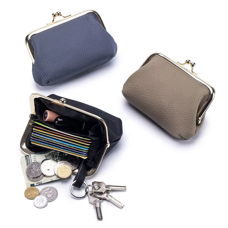 Mini portefeuille Kiss-lock en cuir véritable