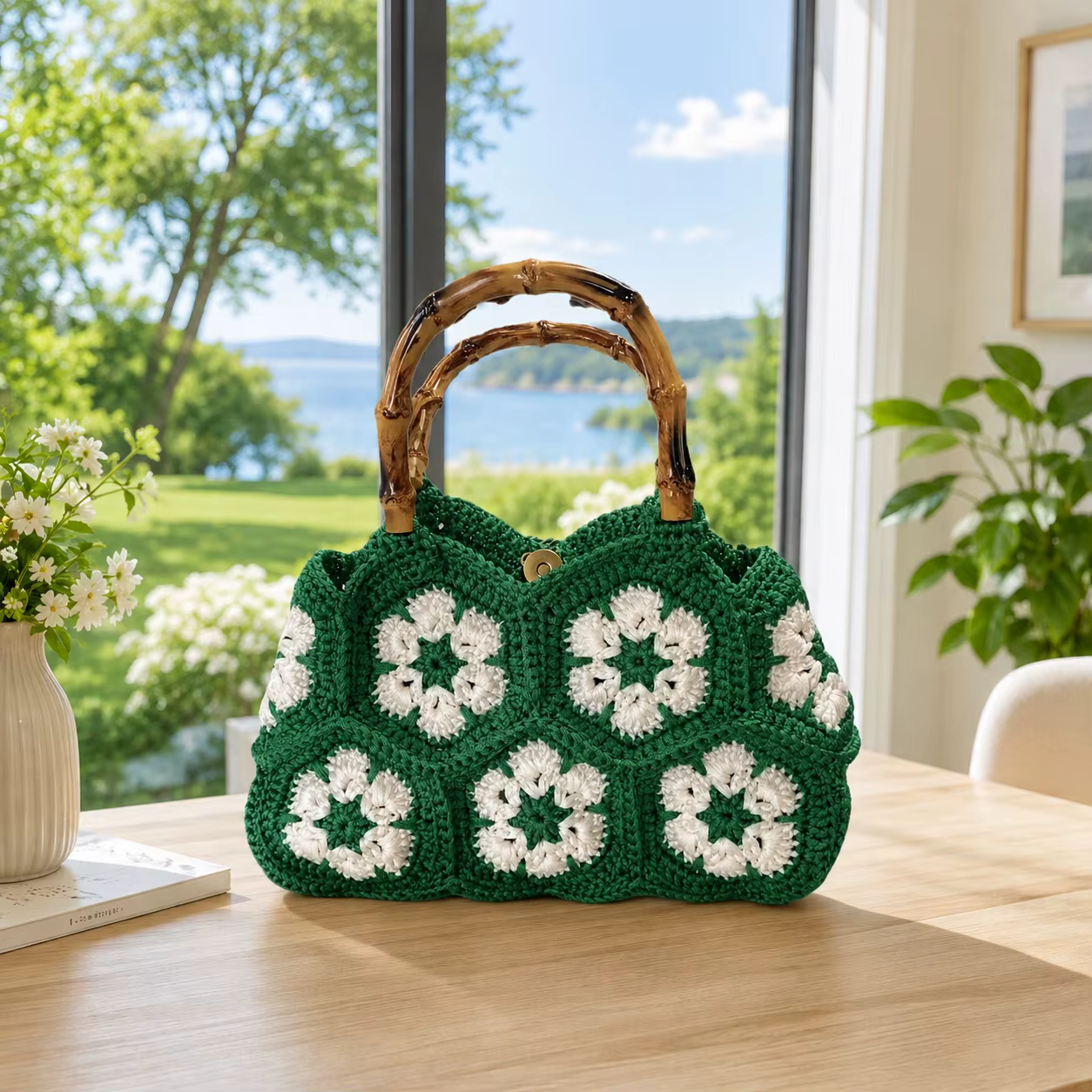 Sac en crochet floral tissé à la main avec une belle poignée – Sac fourre-tout rétro style Granny Square pour femme