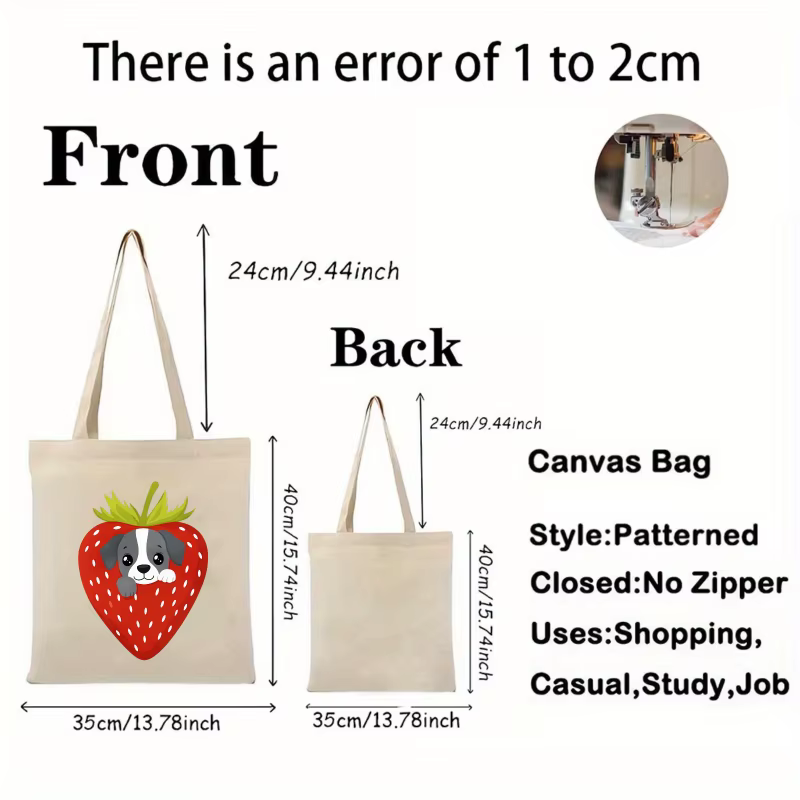 Sac fourre-tout en coton imprimé chien fraise blanc pour un usage quotidien