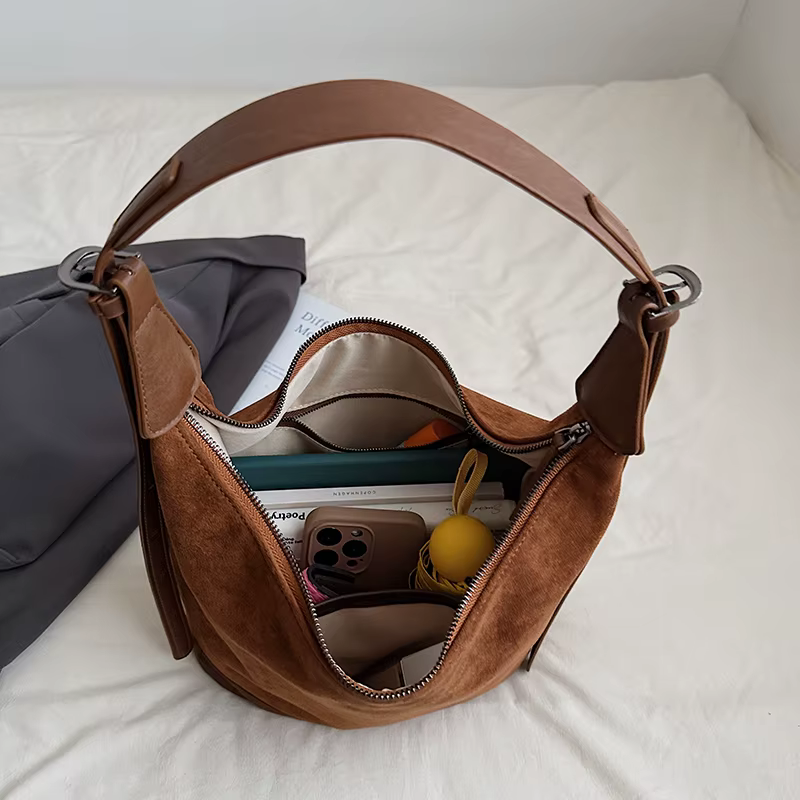 Sac à bandoulière simple en Faux daim + cuir Pu pour femme