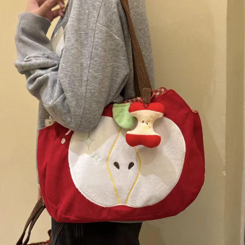 Sac à main pomme rouge créatif et mignon en velours côtelé