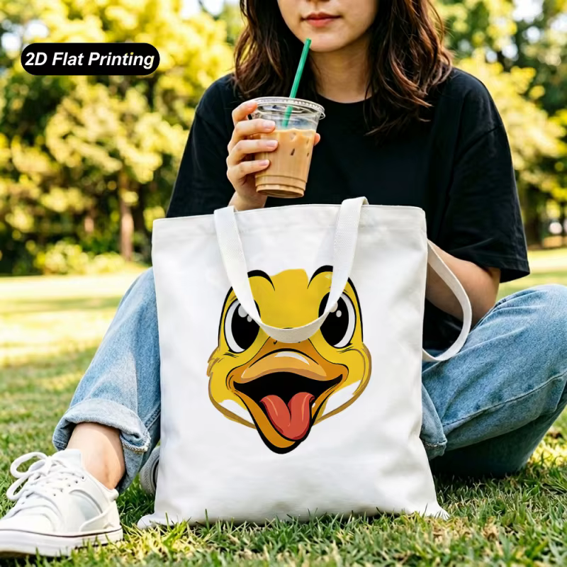 Sac fourre-tout imprimé à plat de grande capacité avec dessin animé du petit canard jaune 2D